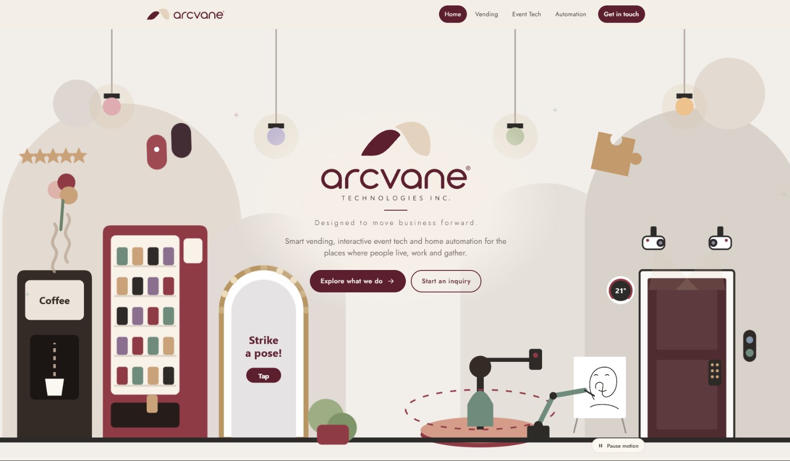 The ArcVane Technologies homepage: an illustrated room with a coffee machine, a smart vending machine, a photo booth, a robotic drawing arm and a smart front door, around the ArcVane logo and the line “Designed to move business forward.”
